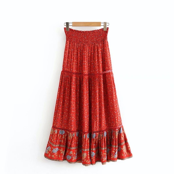 Boho Red gypsy floral print ruffle Maxi Skirt - Picture 7 of 9